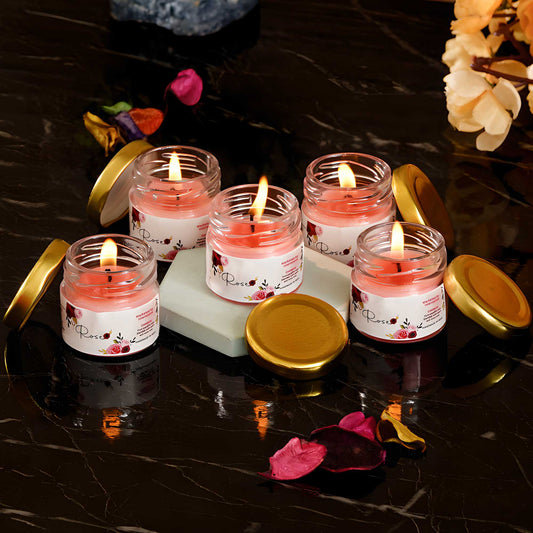 Mini Jar Candles - Rose Scented Set of 5 - Gift for Diwali, Birthdays, Christmas, Valentine's Day